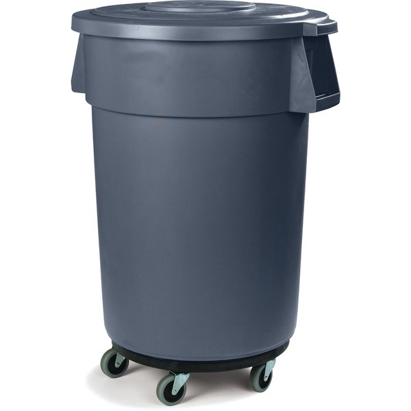 Global Equipment Plastic Trash Can with Lid   Dolly - 55 Gallon Gray 240464GYB
